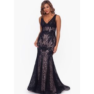 Long V-Neck Lace Applique Mermaid Formal Dress